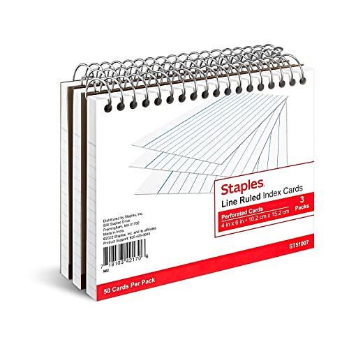 Staples Index Cards, 4' x 6', Lined, White, Acid‑Free, Micro‑Perforated, 150 Cards – Tear‑Off Ruled Cards for Notes & Projects