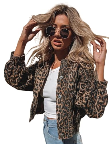 Chaqueta de mezclilla para mujer, con estampado de leopardo, estilo retro, con botones frontales, Chaqueta con flecos de leopardo, S