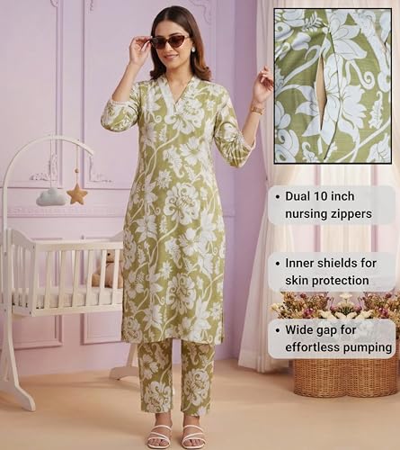 Image of DUMMY SHAPE Maternity Dresses for Women Cotton | Floral Kurta Pant Dupatta Set with Nursing Zippers, Side Pocket | Pre & Post Pregnancy | Feeding Kurti Suit | Baby Shower | Gifts for Pregnant Woman