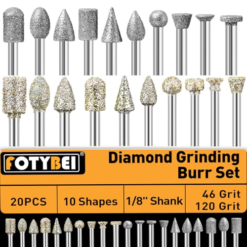46-Grit and 120-Grit Diamond Grinding Burr Bits Set 20Pcs Compatible with Dremel Rotary Tool Diamond Burrs with 1/8 Shank for Stone Glass Ceramic Grinding Carving and Polishing