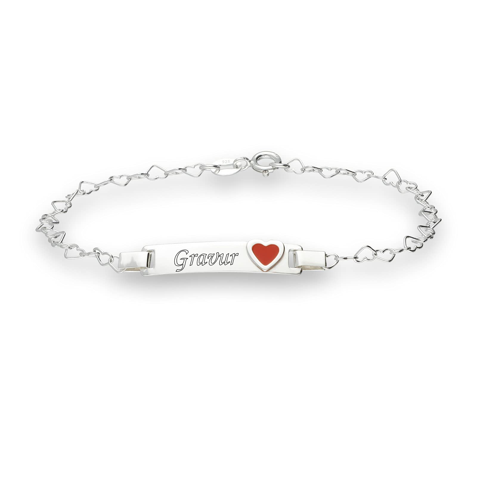 Armband Damen mit Gravur Identarmband Herz Rot 925 Silber personalisiert Wunschgravur auf Vorder und Rückseite