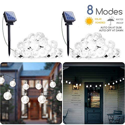 2-Pack Solar String Lights, 20FT 30 LED Crystal Globe Lights with 8 Light Modes, Waterproof Solar Powered Fairy Lights for Outdoor Garden Patio Backyard Xmas Holiday Party Decor, Pure White