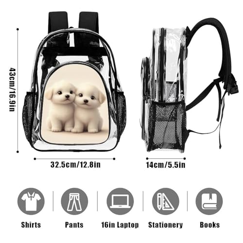Water-Resistant Portable Transparent Backpacks with Side Mesh Pockets for Women and Men Casual Daily Use (Cute Animal Maltese)3