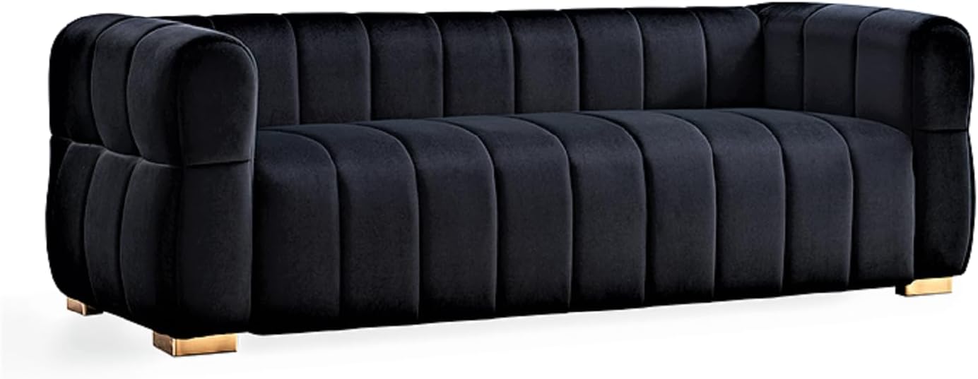 Container Furniture Direct Luna Deco Velvet Sofa with Tufted Low Back Design, Sophisticated 3 Seater Couch for Living Rooms, 89 Inch Wide, Easy Assembly, Black