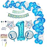 Geburtstag Dekorationen Set: 1 x Happy birthday banner, 1 x 32inch number '1' Aluminium Folienballon, 2 x 18inch Star Folienballon, 2 x 18inch Round Folienballon, 6 x Konfetti-Ballon, 4 x 12inch 1 year old LatexBallon, 4 x Blau LatexBallon, 3 x Cake Topper, 1 rollt blaue Bänder, 1 x Ballonpumpe(Zufällige Farbe), 1 x Alles Gute zum Geburtstag Kerzen.