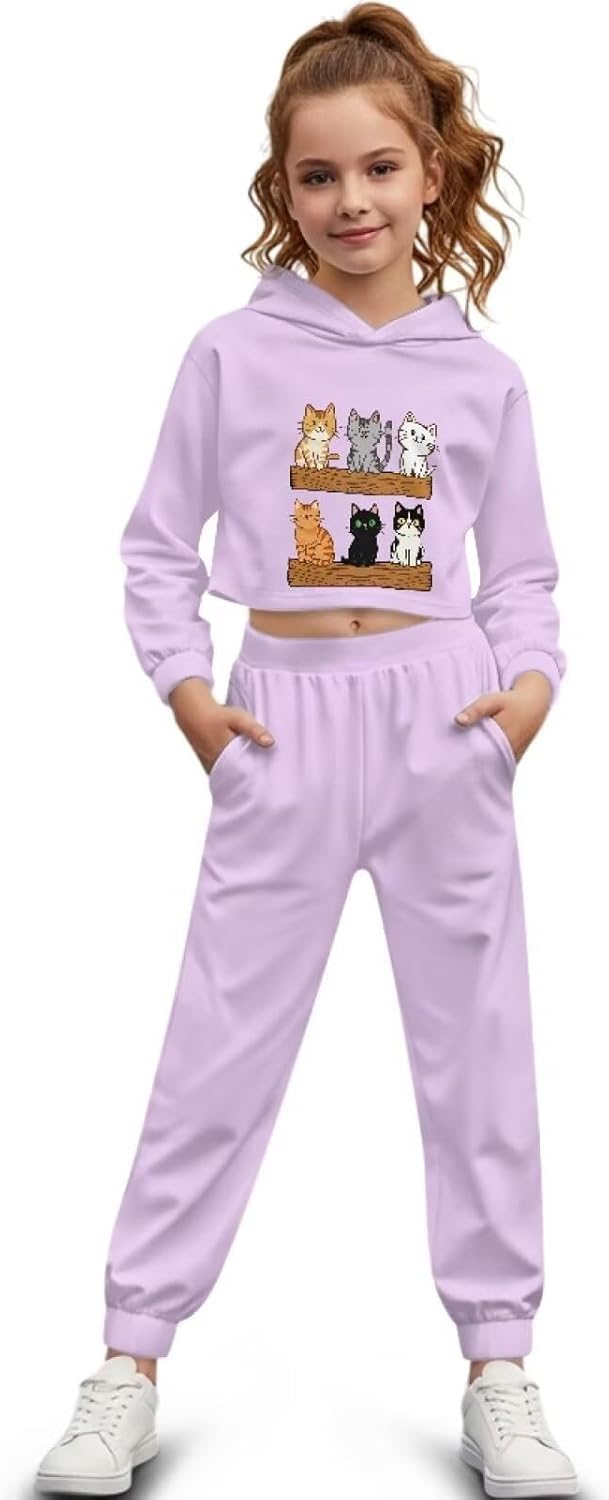 Cute Girls Sweatsuits for Travel Casual Crop Tops Hoodies and Pants Long Sleeve and Breathable