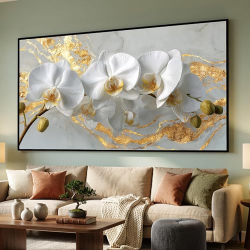 Toile orchidée blanche fond marbre doré 70x130cm grand format florale sans cadre