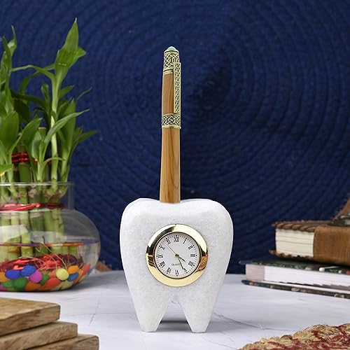 Image of SAUDEEP INDIA Tooth Shape Dentist Desk Marbel Table Clock for Decor and Paper Weight, Ideal Gift for Dentists and Doctors (Clock with Pen Stand)