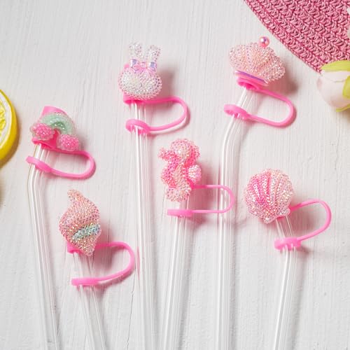 6Pcs Glitter Pink Straw Cover Cap for Stanley Cup, 10mm Reusable Cute Pink Drinking Straw Topper Accessories, Portable Protector Plugs Decorations Gifts for Kids Party Favors — view 5