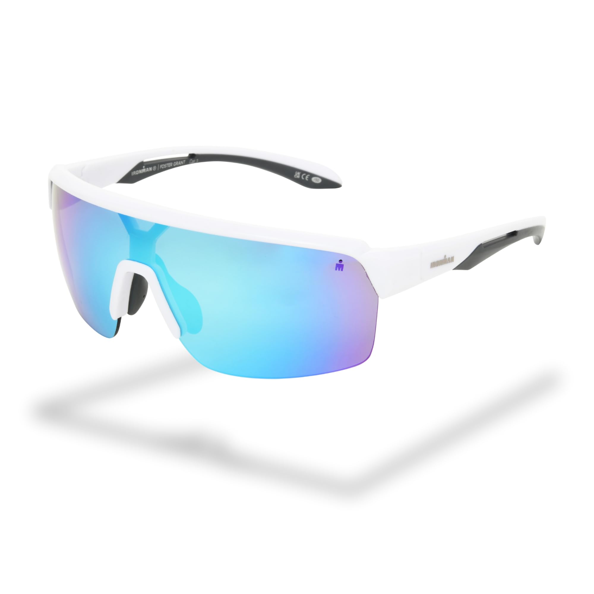 Foster Grant IRONMAN Rover gafas de sol hombre – montura shield blanca con varillas grises, lentes azul espejadas, protección UV400, resistentes a rayaduras y golpes, montura sport ligera