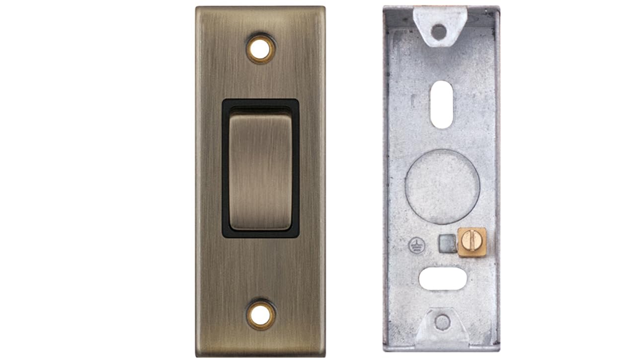 Selectric 5M Antique Brass, Black Insert 1 Gang 10A 2 Way Architrave Switch With 25mm Architrave Back Box - Flush Mount