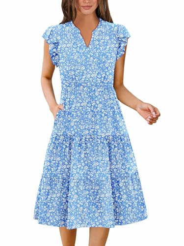 Image of ZEAGOO Womens Summer Casual Dresses Ruffle Sleeve V Neck Midi Dress Flowy Tiered Dress with Pockets Boho Sundresses
