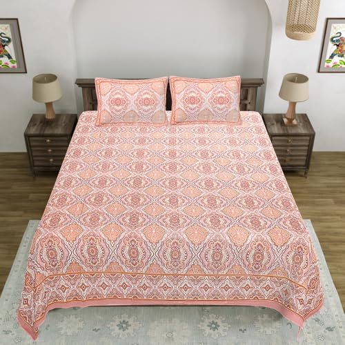 Image of Living Roots Jaipuri Hand Block Print Double Cotton Bedsheet & 2 Pillow Covers, for Mattress Upto 8 inches Thick, No Colour Bleeding, Pink Colour, Super King Size 96 * 104 inches, 150TC (579-A)