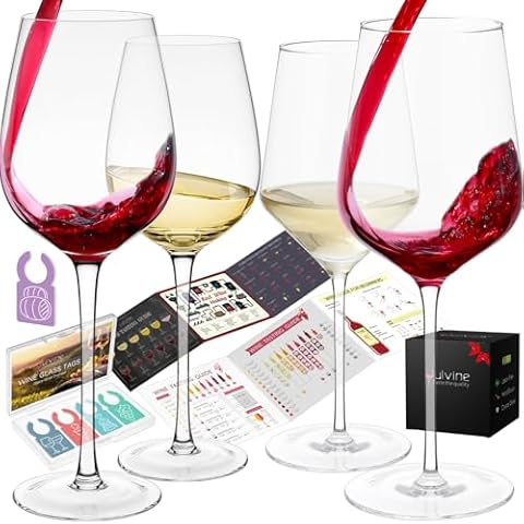 Crystal Red White Wine Glasses Set of 4,Hand Blown 16oz,Italian Modern Stemmed Wine Glasses with Long Stem for Bordeaux,Wine Opener Guide Gift Set for Wine Tasting Cover