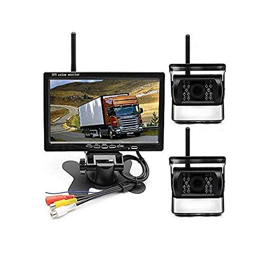 Trådlös bil backning backning Dual Backup bakifrån kamera för lastbilar buss grävmaskin husvagn husvagn parkering bakifrån system med 7"monitor spänning 12-24V