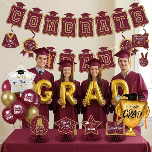 Image of Maroon Gold Balloons Burgundy GRAD Print Balloons with Banner Table Honeycomb Centerpieces Hanging Swirl trophy star GRAD Letters Mylar Balloons for 2026 graduate Prom Decorations