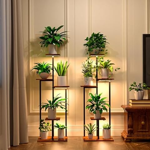 Plant Stand Indoor with Grow Light, 2-Pack Metal Plant Shelf with 6 Grow Lights, 5 Tiered Corner Plant Stand Shelves for Indoor Plants Multiple, Plant Rack Display Flower Holder for Living Room, Patio Cover