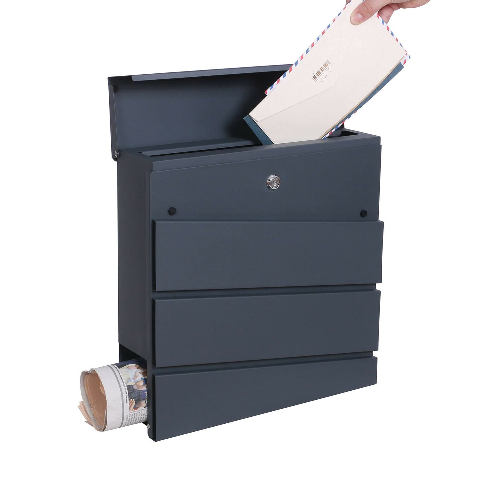 DWD Postbox, Sleek Modern Wall-Mounted Lockable Post Letter Box, 3 Diagonal Slats, Lift up Flap, Easy to Install, Anthracite Grey with Newspaper Slot