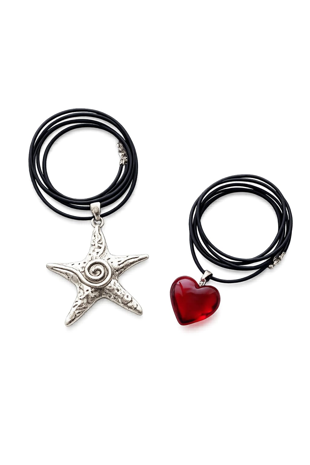 Starfish and Red Heart Pendant Necklace Set with Black Cord-picture-45