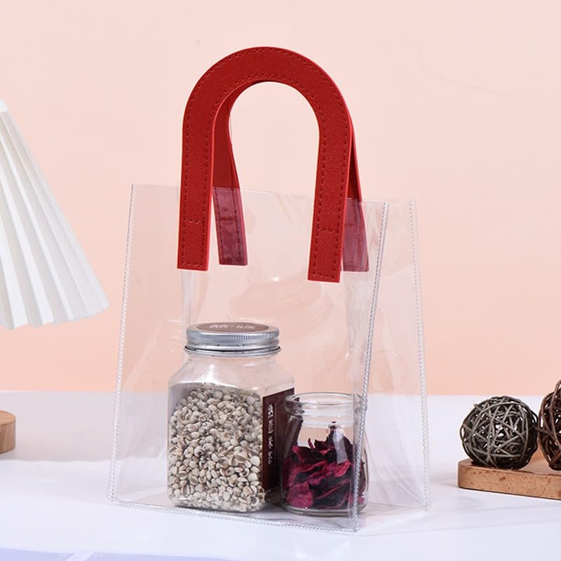 Image of SATYAM KRAFT 6 Pcs Transparent Reusable Leather Goodie Bags | Elegant Gift Bags for Her /Him Wedding Return Favors, Engagement Hampers, Marriage, Birthday & Festival Gifting | Handle Hamper Shopping Carry Bags (U-shaped Red - Medium)