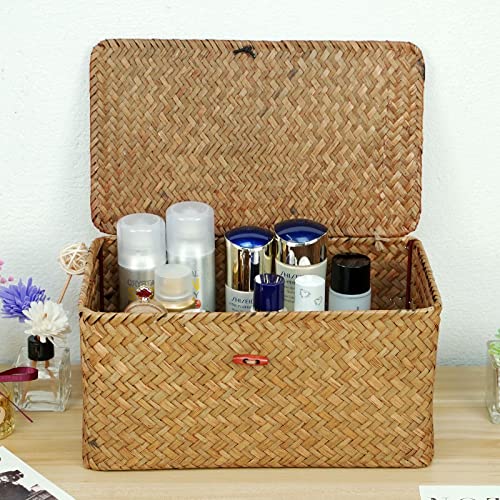 Casaphoria Large Square Sea Grass Baskets For Storage Seaweed Woven Sundries Baskets Sturdy And Durable Natural Material For Make-Up With Lid Big Rectangular Seagrass Towel Baskets For Organizing #TOP5