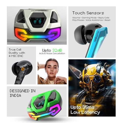 Image of numBer Super Buds GT M9 ANC (32db) Truly Wireless in Ear Earbuds with 60H Playtime, Dual Pairing Ear Buds, 35ms Low Latency, 13mm Speakers, 4Mic ENC, BT 5.4, Fast Charging, Made in India (Glass Green)