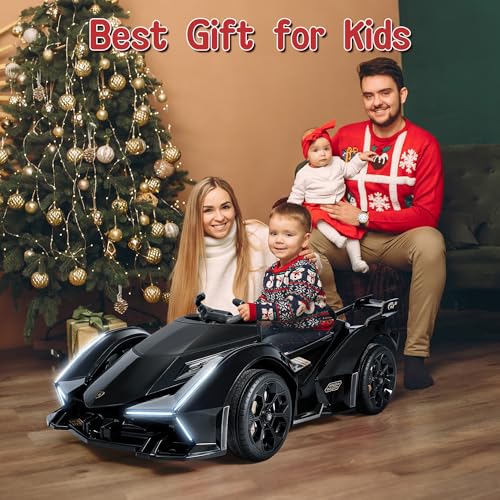 Image of TEOAYEAH Kids Ride on Car, Licensed Lamborghini V12 Vision GT Roadster, 12V7Ah Battery Powered Electric Car Ride-on Toy with Remote Control, Spring Suspension, LED Lights, Bluetooth, Music, Black