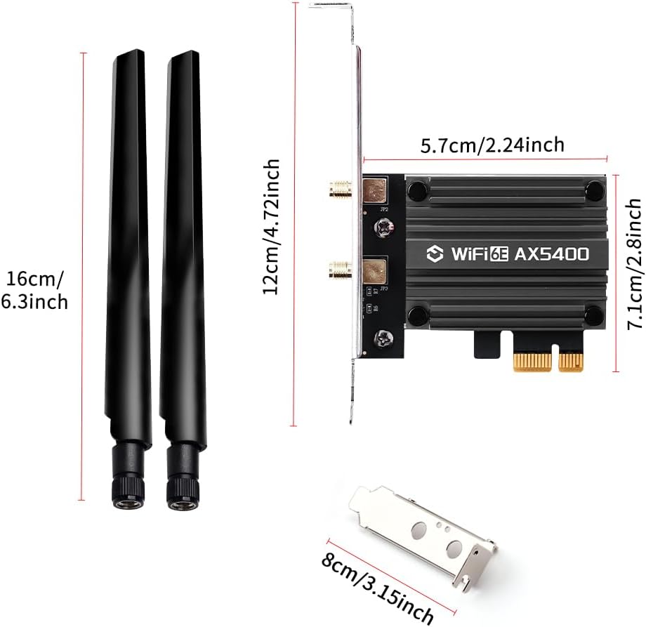 Dimensions of the FENVI AX5400 WiFi 6E card and its antennas, showing measurements in centimeters and inches.