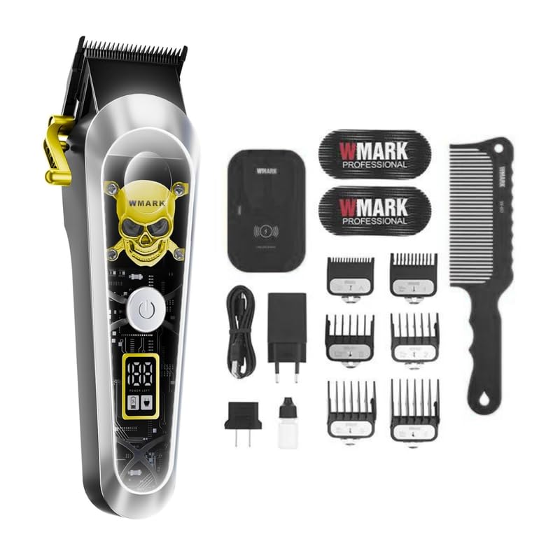 Image of WMARK NG-130 Salon Series Professional Wireless charging Digital Display Cordless Hair Clipper Patent design precision powder metallurgy 440C fade blade 7000 RPM motor 6 Guide Comb 240 min, Silver