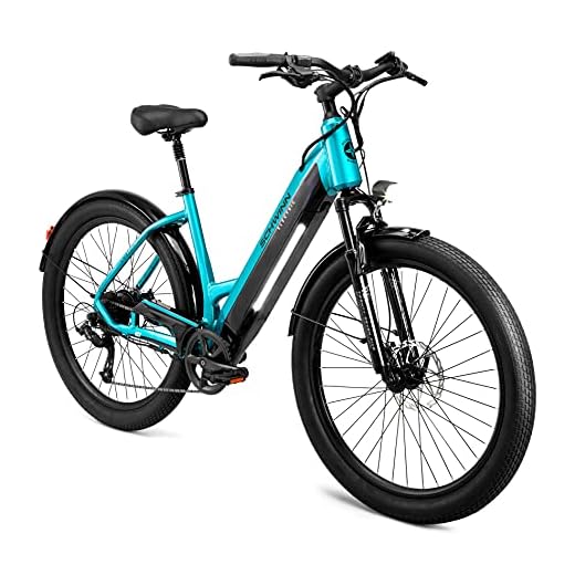 Schwinn Coston CE Adult Electric Hybrid Bike, Large/X-Large Step-Thru Frame, 7-Speed, 27.5 Inch Tires, Gloss Teal