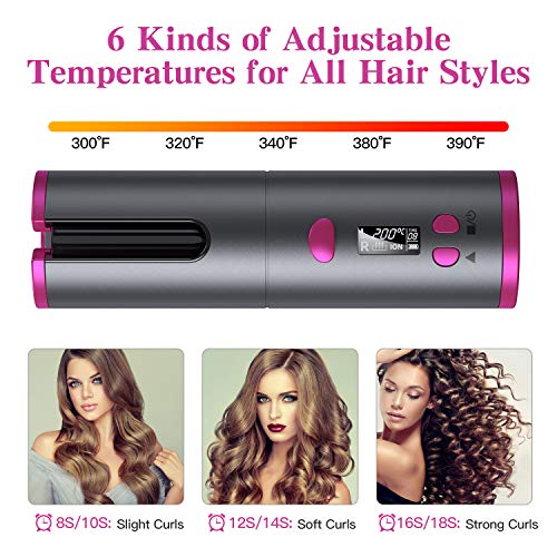 Cordless Auto Curler, Professional Fast Heating Ceramic Barrel with Adjustable Temperature & Timer, LCD Display & USB Rechargeable Anti-Tangle Hair Curling Wand, Portable Hair Styler for Travel - Thumbnail 3
