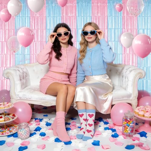 Image of TONIFUL Light Pink Light Blue Door Streamers,Black and Pink Photo Booth Backdrop Metallic Streamers Foil Fringe Curtain for Birthday,New Year,Graduation,Grad,Baby Shower Party Streamers Decoration