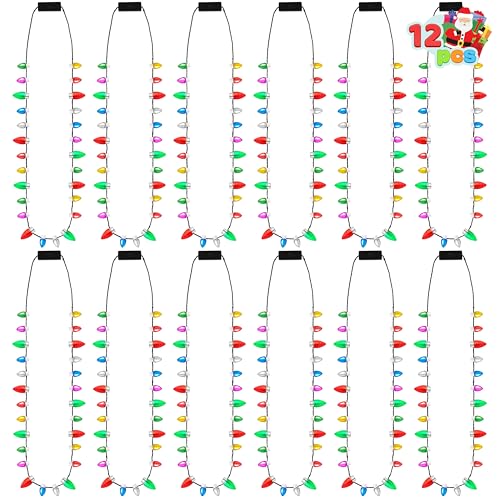 JOYIN 12 Pcs Christmas LED Mini Bulb Necklaces, Xmas Necklace with with 3 Lighting Fun Modes, Light Up Necklaces Lightweight and Comfortable for Sweater New Year Women Men Family Party Supplies
