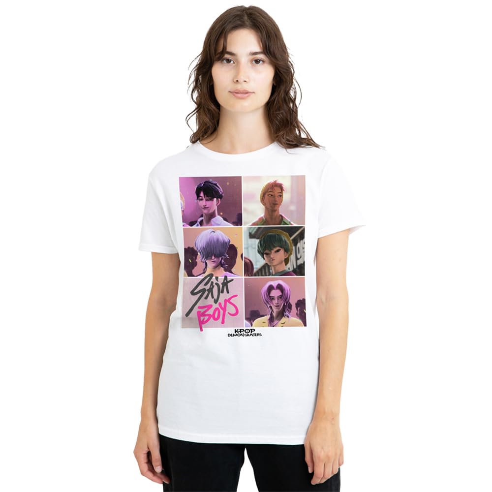 K-Pop Demon Hunters Womens Saja Boys Era Grid Ladies T-Shirt, White, XXL UK
