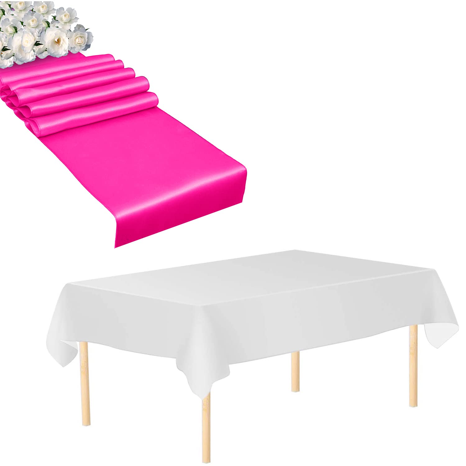 Trimming Shop White Tablecloth & Navy Satin Table Runner Set, 3pcs
