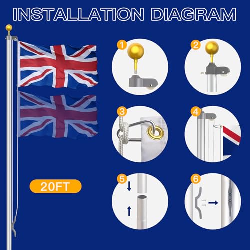 display4top 20FT Sectional Flagpole Kit with UK Flag, Heavy Duty Adjustable Aluminium Outdoor Flag Pole for Residential, Garden and Commercial Use - Image 3