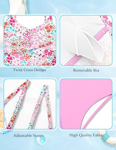 Image of Girls Swimsuit 2 Piece Bathing Suit Criss Cross Ruched Girl Tankini Sets Printed Girls' Swimwear for 9-18 Years