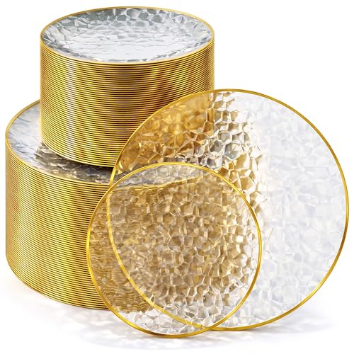 Stock Your Home Clear Disposable Plates with Gold Rim (100 Pack) Elegant Hammered Party Plates, 50 Dinner & 50 Dessert Plates for Weddings, Holidays & Special Events by Stock Your Home - Used condition - US$34.19