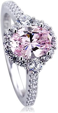 Platinum Plated 925 Sterling Silver Ring 1.2 carat Oval Super Light Pink CZ Stone Halo Ladies Cocktail Ring (Size 5 to 9), 9