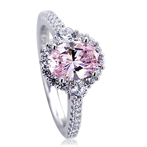 Platinum Plated 925 Sterling Silver Ring 1.2 Carat Oval Super Light Pink Cz Stone Halo Ladies Cocktail Ring (Size 5 To 9), 9 #TOP2