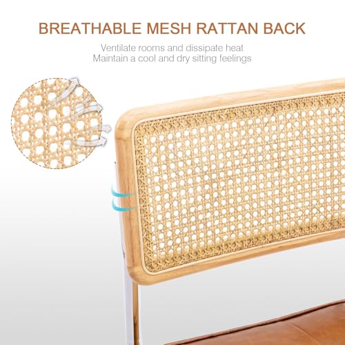 Image of Zesthouse Natural Rattan Dining Chairs Set of 2, Mid Century Modern Dining Room Chairs with Chrome Leg, Faux Leather Kitchen Chair with Solid Wood Back & Cane Mesh, Breuer Cesca Design Inspired, Brown