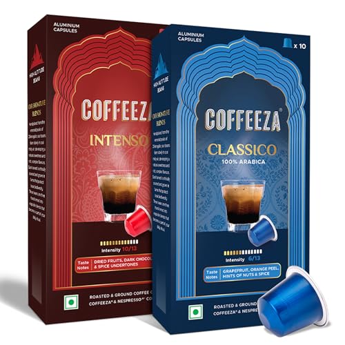 Image of Coffeeza Aluminium Coffee Capsules, Intenso & Classico Combo, Coffee Pods for Machine, Flavoured, Medium-Dark Roast (2 Packs, 20 Capsules)