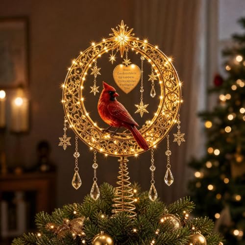 Lighted Gold Metal Red Cardinal Crescent Moon Christmas Tree Topper - image 3