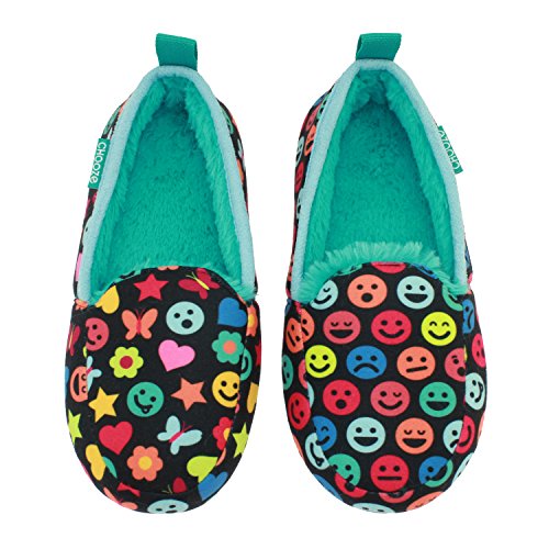 CHOOZE Girls Slumber Cozy Slippers with Faux Fur and Rubber Outsoles in Emote prints