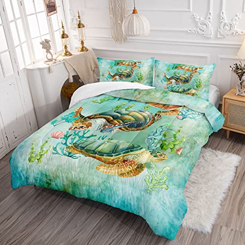 Datura Home Sea Turtle Comforter Bedding Set For Kids Teens Adults,Watercolor Sea Turtle Light-Green And Blue Coral Seaweed Ocean Themed Comforter With 2 Pillowcases(Turtle Queen) #TOP2