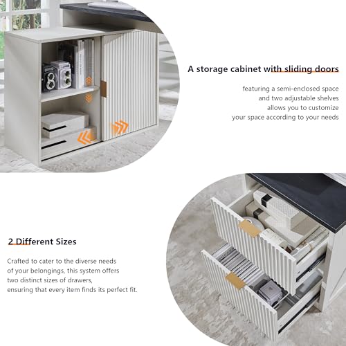 Image of 67 inchFluted Desk with Cabinet & 2 Drawers, Modern Office Desk Built‑in Outlet | Wood Home Office Desk, storage cabinet with sliding doors, Fluted Computer Writing Desk, Antique White
