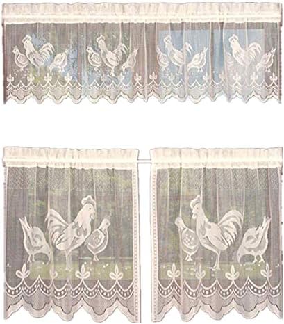 3 Pieces Set Beige Lace Tulle Curtain Rooster Printed Cafe Curtain Rod Pocket Halloween Easter Window Curtain Panel Valance Tier