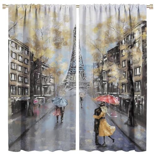 LOMADIA Eiffel Tower Curtain, Oil Painting Style, Yellow Paris Tower Couple Pattern Window Treatments 2 Panels Drapes for Bedroom Living Room Kitchen Decor 42x45in