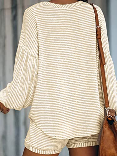 Kikiberry Womens Striped Knit Scoop Neck Lounge Set Long Sleeve 2 Piece Loungewear Pajamas With Pockets Khaki Small #TOP2