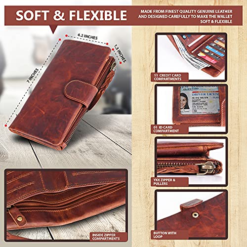 Valenchi-Soft And Flexible Genuine Leather Ladies Wallet With Metal Zipper And Snap Closer (Cognac Vintage) #TOP3